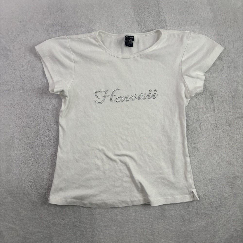 Y2K Favant Hawaii Bedazzled White Short Sleeve Babydoll Top Women's Large